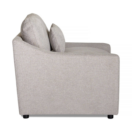 Side view of the My Cloud Slope Power Recliner in light gray fabric. This customizable piece has a sleek, boxy design with two large back cushions, armrests of equal height, and black block-style feet that offer elegant support.
