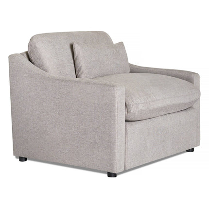 The My Cloud Slope Power Recliner is a modern, large armchair with light grey fabric upholstery. It offers My Clouds signature comfort with a thick, cushioned seat and backrest in a slightly curved design, elegantly supported by small dark wooden legs.