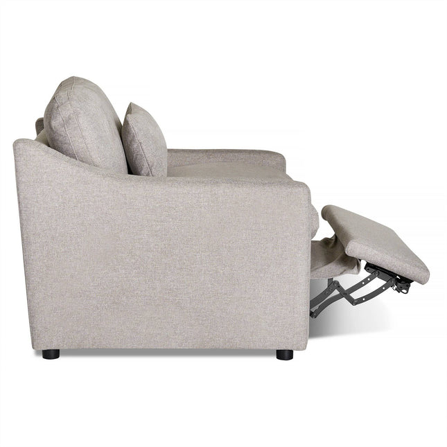 Side view of the light gray My Cloud Slope Power Recliner sofa with an extended footrest, featuring smooth fabric upholstery and rounded armrests. It embodies a simple, modern design perfect for customizable furniture enthusiasts.