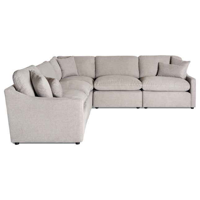 The product, Free Fabric Swatches, features a comfortable and modern light gray L-shaped sectional sofa with thick cushions and multiple matching pillows against a plain white background, perfect for any living room.