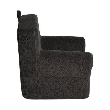 Side view of the My Cloud Kidz Chair, a small, boxy armchair with thick cushioning, high backrest, and short legs. It features soft-textured Sherpa fabric in dark green.