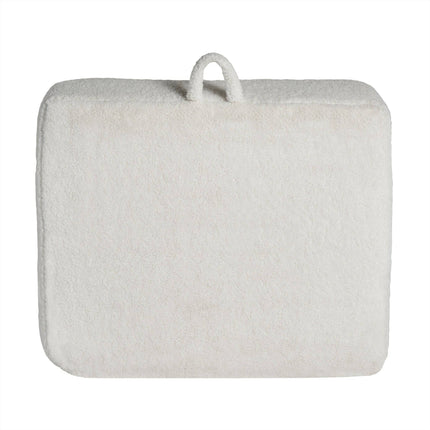 A rectangular, plush white Sherpa cushion features a short handle on top, set against a white background. The texture looks soft and fuzzy, making it perfect for the My Cloud Kidz Chair.