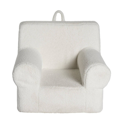 The My Cloud Kidz Chair is a plush white childrens armchair with soft Sherpa fabric, rounded armrests, and a rectangular backrest. A small fabric loop on top allows for easy carrying or hanging.