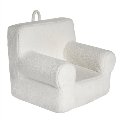 The My Cloud Kidz Chair is a cozy, plush armchair made from soft Sherpa fabric. It features rounded armrests, a thick cushioned seat, and a high backrest. A loop on top allows for easy portability or hanging—perfect customizable furniture for any snug space.