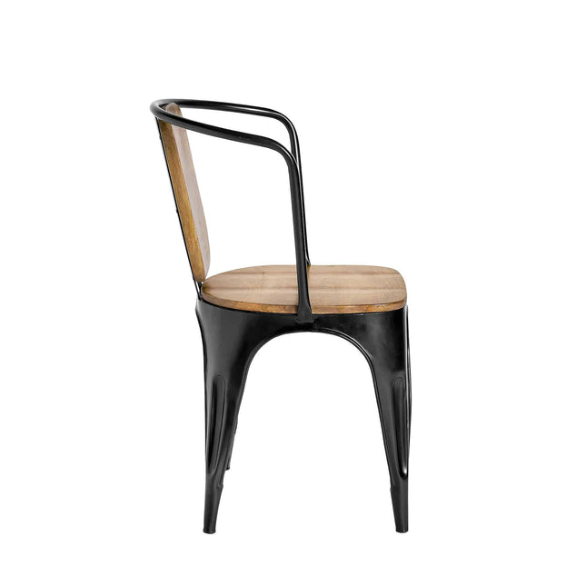 The side view of the Mango Barrel Chair features a metal frame with a simple, curved design and four legs for an industrial vibe. Its wooden seat and backrest add warmth and reflect the sustainable craftsmanship typical of Mango Wood Chairs.