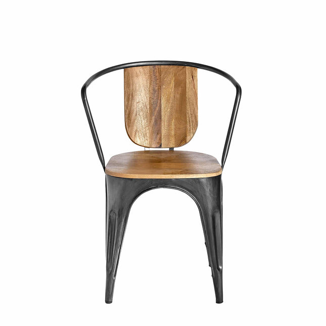 The Mango Barrel Chair features a black metal frame with a rounded back and sustainably handcrafted wooden seat and backrest. Its minimalist, industrial design makes it perfect for dining spaces.