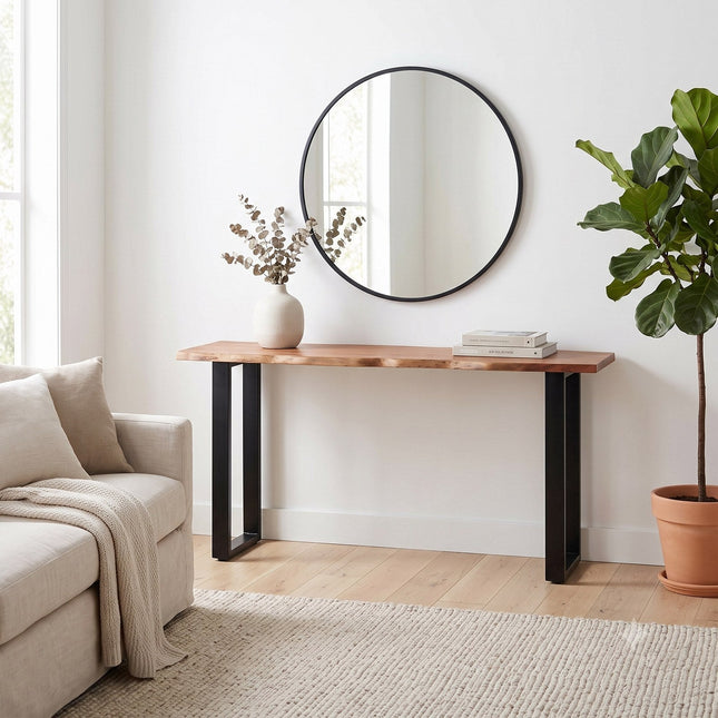 Live Edge acacia console table 60 inch staged in an entryway