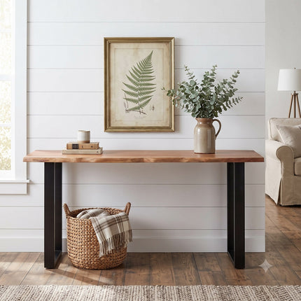 Live Edge acacia console table styled in a bright farmhouse entryway
