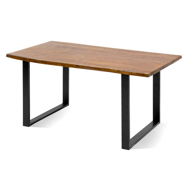 The Live Edge Dining Table boasts a rectangular acacia top with a natural finish and black metal U-shaped legs, offering a modern industrial vibe. Its distinctive wood slabs enhance an inviting atmosphere against a stark white backdrop.