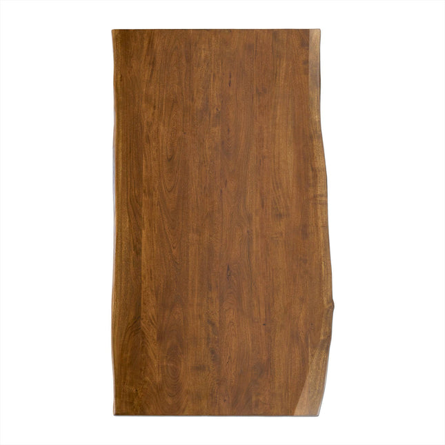 The Live Edge Dining Table boasts a smooth rectangular wooden tabletop with a natural finish, displaying wood grain and color variations from light to dark brown. Its slightly uneven edges evoke a rustic charm similar to distinctive wood slabs.