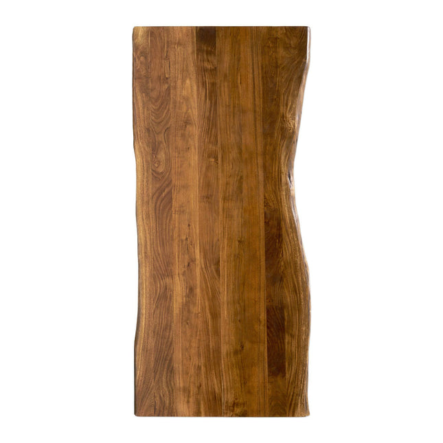 The Live Edge Dining Table boasts a smooth, polished rectangular acacia top with a natural wavy edge, featuring unique wood slabs that highlight visible grains in lighter and darker shades, enhancing its organic appeal and creating an inviting atmosphere.