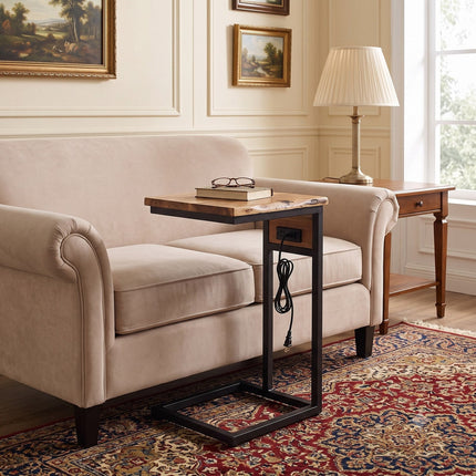 Live Edge acacia USB C-table with built-in power outlet, sliding beside a sofa in a classic living room