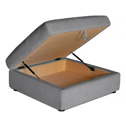 The Lugano Storage Ottoman has a gray exterior with a hinged lid that opens to a beige-lined storage compartment. Crafted from premium materials, its modern design features small black feet, reflecting Italian luxury.