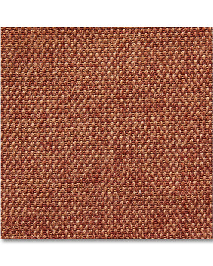A textured fabric swatch in rust-orange evokes mid-century modern vibes, with its woven pattern and visible fibers adding a detailed appearance. Ideal for enhancing the Maddox Chair, its plush cushions promise comfort against the plain white backdrop.