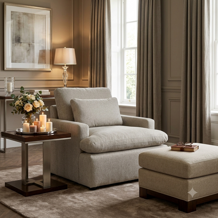 My Cloud Chair in Greige staged in a warm candlelit sitting room with ottoman