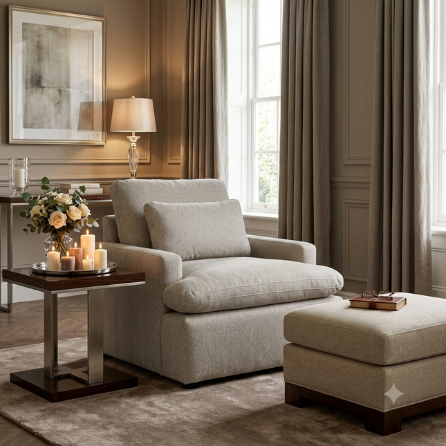 My Cloud Chair in Greige staged in a warm candlelit sitting room with ottoman
