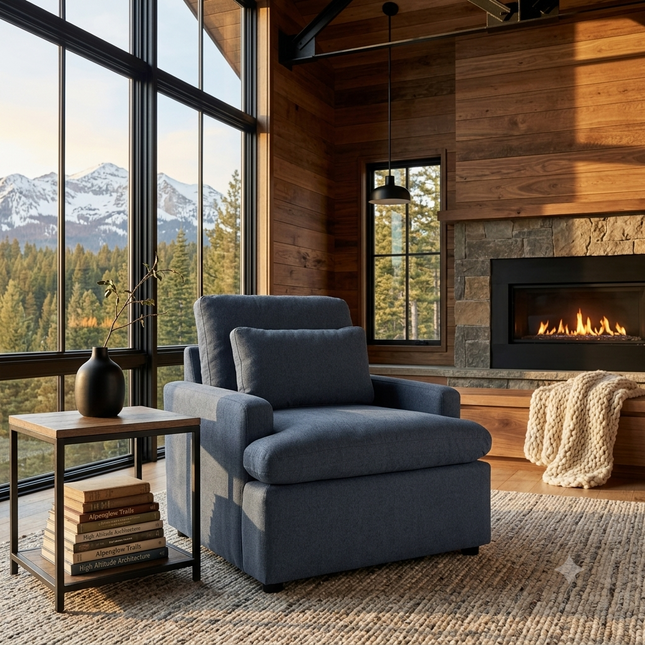 My Cloud Chair in Slate Blue staged in a mountain cabin with fireplace