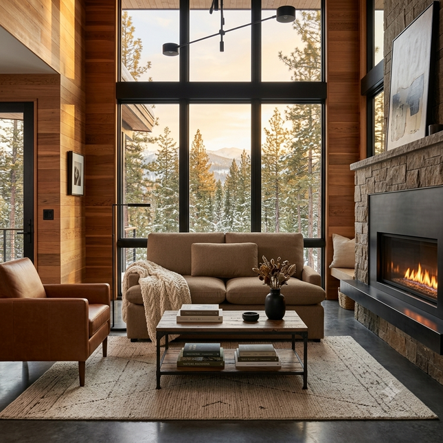 My Cloud Loveseat in Earth staged in a modern mountain lodge