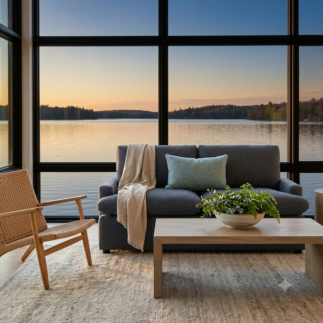 My Cloud Loveseat in Slate Blue staged in a lakeside sunroom at sunset