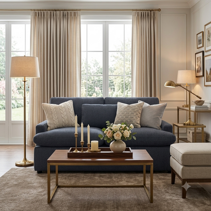My Cloud Loveseat in Slate Blue staged in an elegant traditional living room