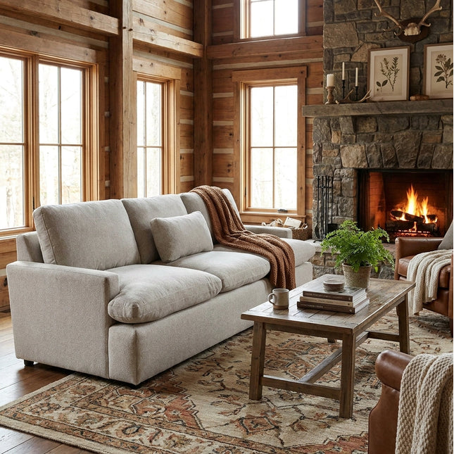 My Cloud Sofa in Greige staged in a rustic lodge living room with warm wood tones