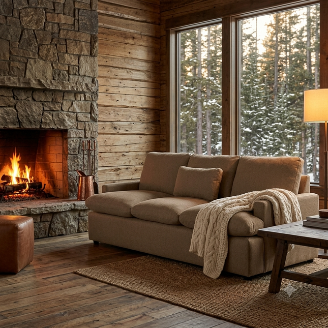 My Cloud Sofa in Earth staged in a mountain lodge beside a stone fireplace