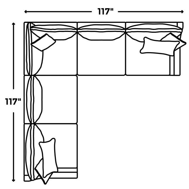 Top-down view of the My Cloud / Slope Arm sectional: an L-shaped sofa with two three-seat sides, each 117 inches long and wide. It features three pillows per seating section and machine-washable covers for easy upkeep.