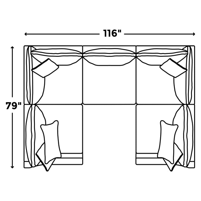 Top view line drawing of the My Cloud / Slope Arm sectional sofa, measuring 116 x 79. It features machine-washable covers and cushions, with pillows placed on it.