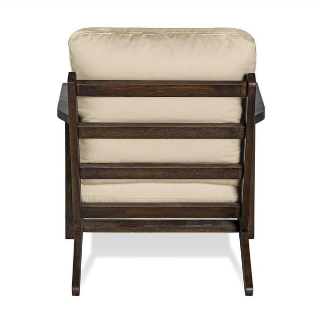 The Peyton Chair offers a cozy blend of elegance and comfort with its mid-century style. Featuring a slatted dark wood frame, beige cushion, and two visible armrests, its perfect for any space when viewed from the back.