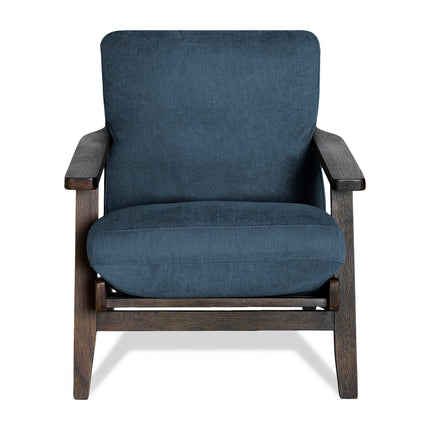 The Peyton Chair is a stylish, mid-century wooden armchair featuring cushioned seat and backrest upholstered in dark blue fabric. It has wide, flat wooden armrests and an elegant dark wood finish.
