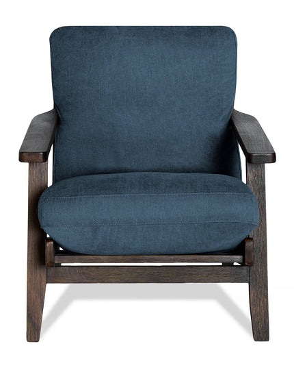 The Peyton Chair is a stylish, mid-century wooden armchair featuring cushioned seat and backrest upholstered in dark blue fabric. It has wide, flat wooden armrests and an elegant dark wood finish.