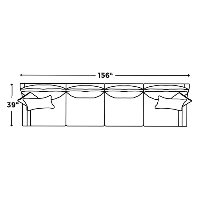Diagram of the My Cloud / Slope Arm sectional couch, 156 inches wide and 39 inches tall, featuring four seating sections. Each end has two cushions with machine-washable covers for easy maintenance.