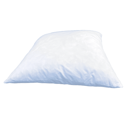 A Customizable Down & Feather Pillow, soft and plush with a smooth, white surface, is centered against a transparent background, slightly tilted. It boasts a fluffy texture, premium down and feather fill, and a clean appearance.