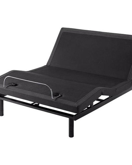 The My Cloud Adjustable Power Bed Frame features a black upholstered surface, metal legs, and an elevated head section with a metal bar at the foot for mattress support. It combines functionality and style against a plain white background.