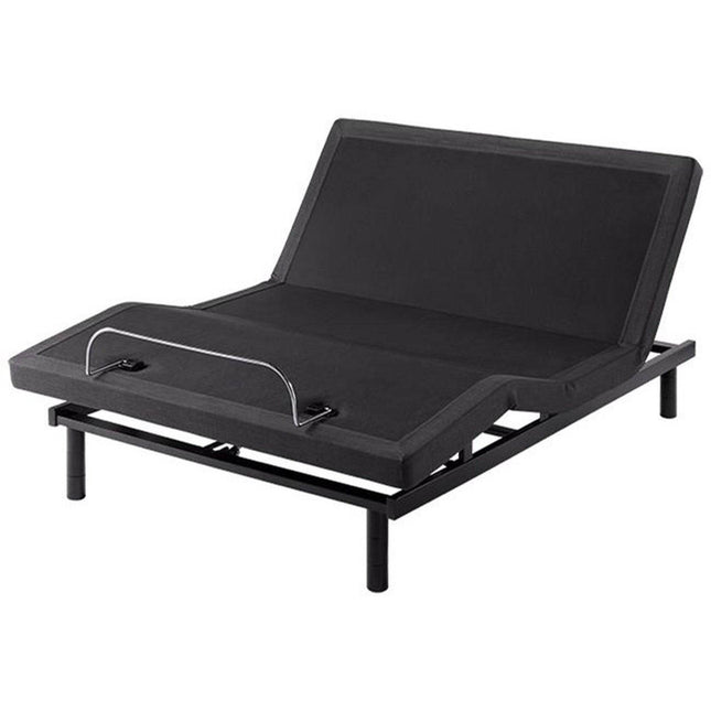 The My Cloud Adjustable Power Bed Frame features a black upholstered surface, metal legs, and an elevated head section with a metal bar at the foot for mattress support. It combines functionality and style against a plain white background.