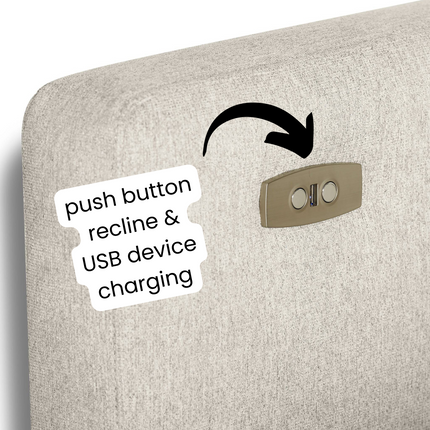 A beige fabric headboard with a metal panel features two buttons and a USB port, ideal for comfort enthusiasts. An arrow highlights the panel labeled push button recline & USB device charging, similar to the customizable My Cloud Power Recliner.