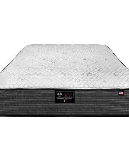 The My Cloud Mattress / 300 Plush showcases a textured white top with dark gray sides against a pristine backdrop. Its label, featuring text and logos, suggests the promise of affordable luxury and superior comfort for discerning sleepers.