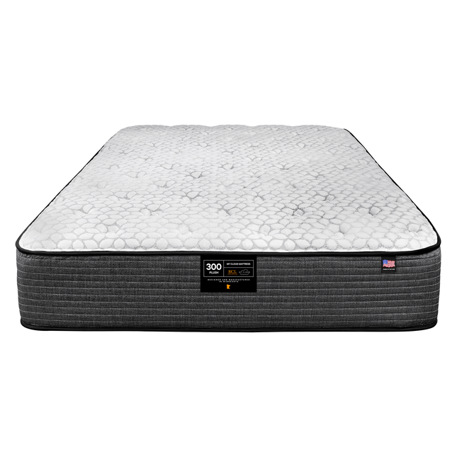 The My Cloud Mattress / 300 Plush showcases a textured white top with dark gray sides against a pristine backdrop. Its label, featuring text and logos, suggests the promise of affordable luxury and superior comfort for discerning sleepers.