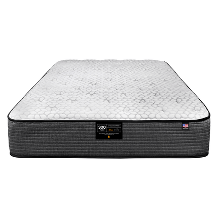 The My Cloud Mattress / 300 Plush showcases a textured white top with dark gray sides against a pristine backdrop. Its label, featuring text and logos, suggests the promise of affordable luxury and superior comfort for discerning sleepers.