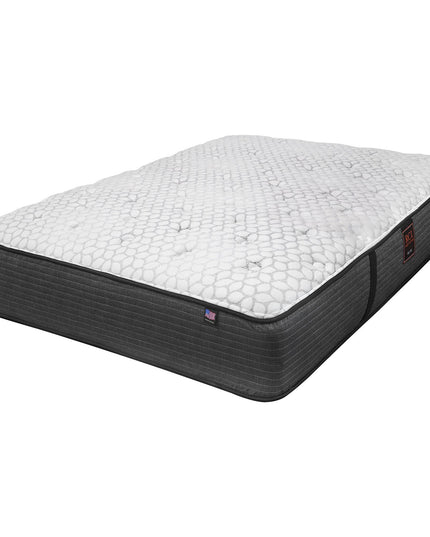 Experience superior comfort with the My Cloud Mattress / 300 Plush, featuring a plush rectangular design and a white, hexagonal-patterned top. Its sides are dark gray with subtle stripes and convenient handles for easy lifting, providing affordable luxury without compromise.