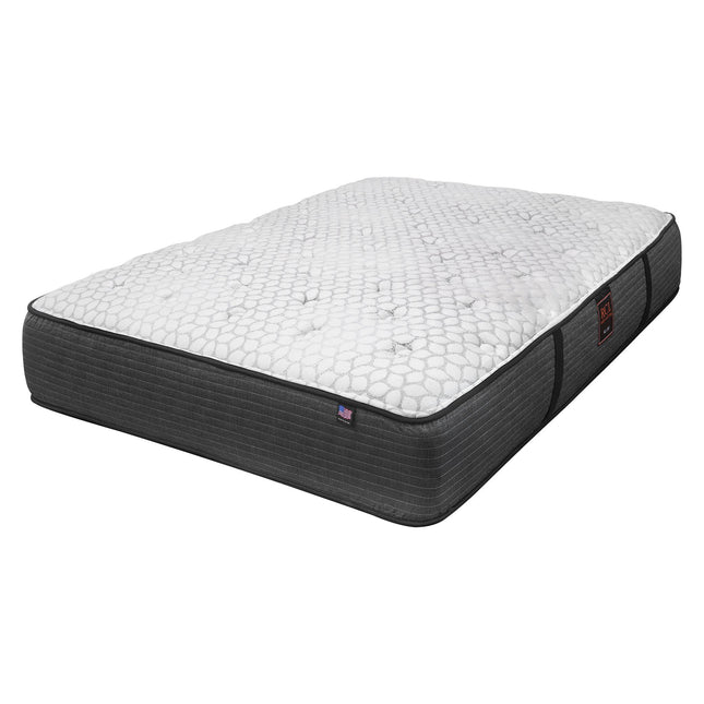 Experience superior comfort with the My Cloud Mattress / 300 Plush, featuring a plush rectangular design and a white, hexagonal-patterned top. Its sides are dark gray with subtle stripes and convenient handles for easy lifting, providing affordable luxury without compromise.