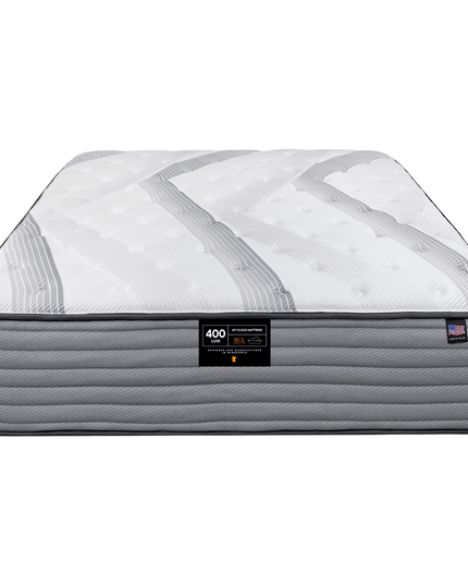 The My Cloud Mattress / 400 Luxe is a queen-sized mattress with a white and gray quilted top and gray sides, ensuring Superior Comfort. Featuring a center label 400 and Performance, its surface has gentle wave patterns and tufting for an Affordable Luxury experience.