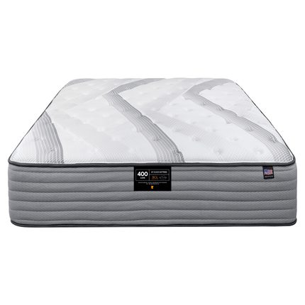 The My Cloud Mattress / 400 Luxe is a queen-sized mattress with a white and gray quilted top and gray sides, ensuring Superior Comfort. Featuring a center label 400 and Performance, its surface has gentle wave patterns and tufting for an Affordable Luxury experience.