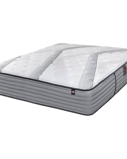 Introducing the My Cloud Mattress / 400 Luxe: a white and gray marvel with a quilted top, horizontal side panels, and plush tufted accents. Enjoy superior comfort with geometric patterns and intricate stitching for affordable luxury.