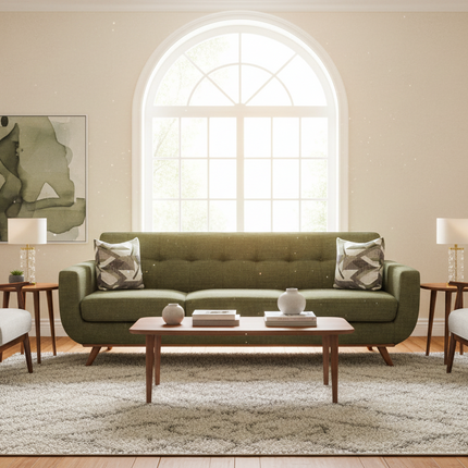 Cortona Sofa staged in an elegant living room with arched window and soft daylight