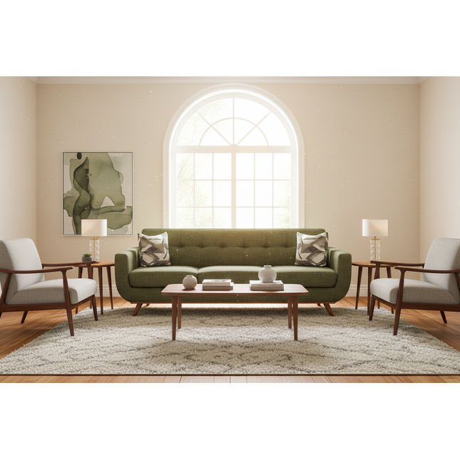 Cortona Sofa staged in an elegant living room with arched window and soft daylight