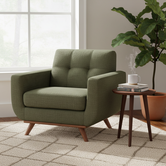 Cortona Chair staged in a bright reading nook with side table and plant