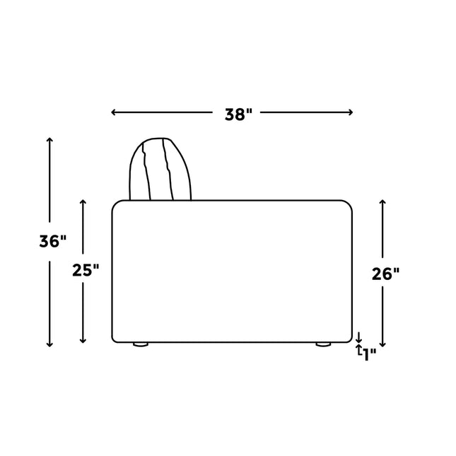 Outline illustration of the Lugano Sectional with dimensions: 38W, 36H, 25 seat back height, 26 seat height, and 1 leg height. Experience Italian luxury with plush cushions for ultimate comfort.