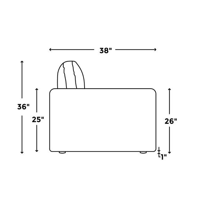 Diagram of the Lugano Sectional chairs side view: Total height 36, depth 38, backrest height 25, seat height 26. It features plush cushions, a 1 base clearance, and exemplifies Italian luxury.