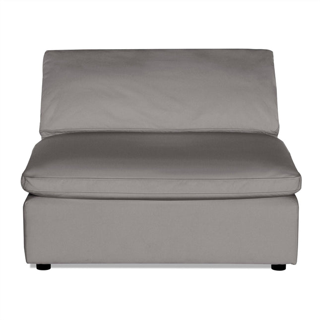 The Peyton Armless sofa is a gray, two-cushion seat with a backrest, ideal for modern living spaces. Its sectional design rests against a white backdrop, highlighting its sleek and minimalist style.